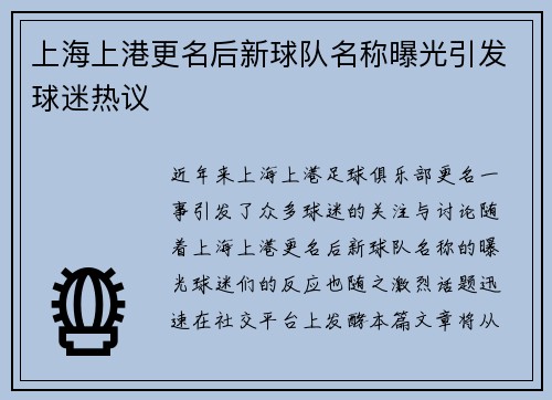 上海上港更名后新球队名称曝光引发球迷热议